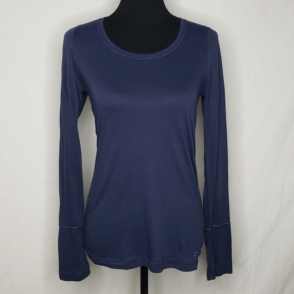 American Eagle Ribbed Knit Long Sleeves Fitted Top Size M Blue Preppy 90s Blue